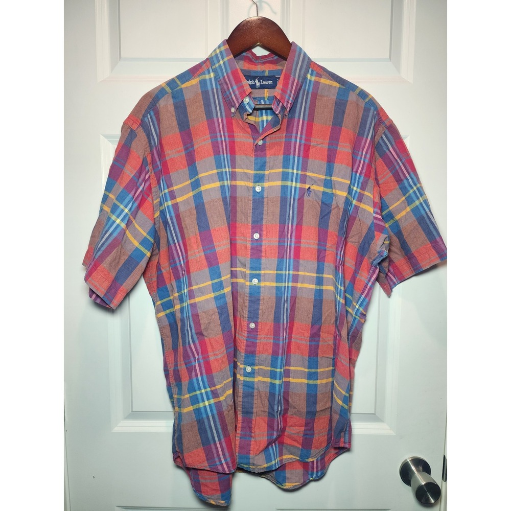 Vintage 90s Ralph Lauren Men's Large Plaid Short Sleeve Button Down Shirt Multi